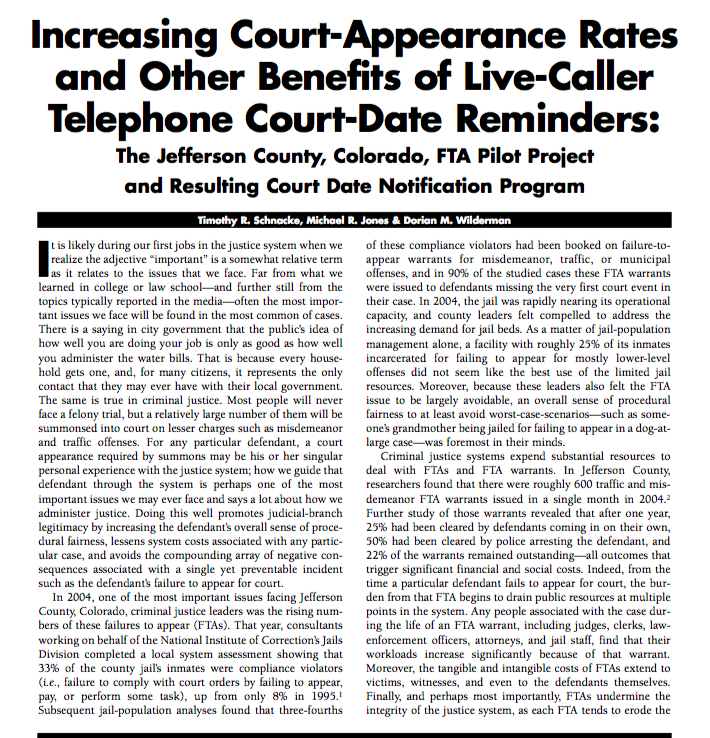 Court Messaging Project - research - increasing court appearance rates with telephone reminders
