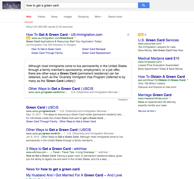 Internet as Legal Resource - Google search results - how to get a green card