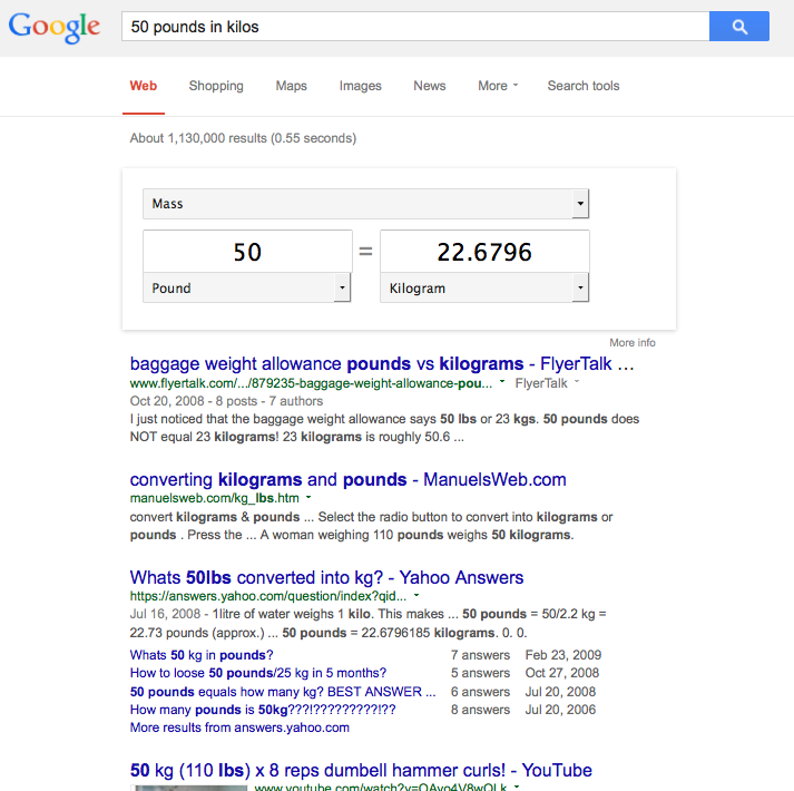 Internet as Legal Service - google search result - converting measurements